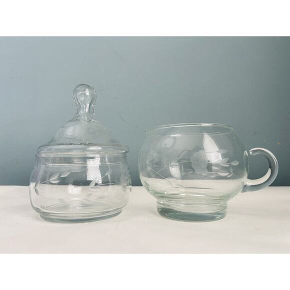 Princess House Heritage Creamer & Sugar Set Lid Vintage Etched Glass Floral - Picture 1 of 8